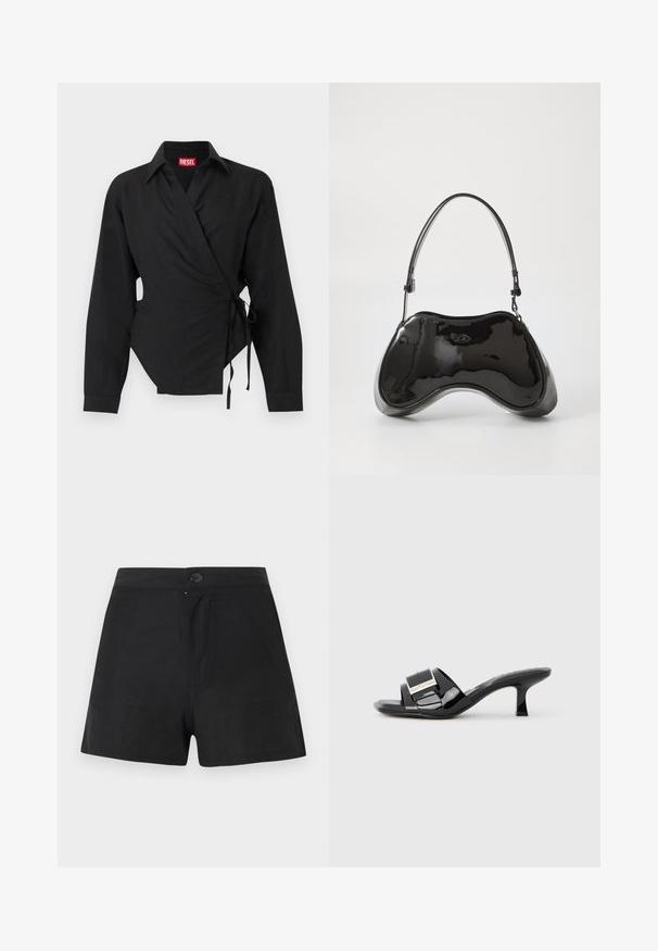 Chemise noire à manches longues de style portefeuille avec col et liens latéraux, présentant un petit logo brodé près de la poitrine et une étiquette de marque rouge à l'intérieur du col.; Shorts noirs taille haute avec fermeture à boutons sur le devant et détails subtils de couture, présentés sur un fond gris clair uni.; Mules en cuir verni noir avec bout ouvert, larges brides, accent métallique et petit talon carré. Texture lisse avec une finition brillante.; Sac à main en cuir verni noir avec une forme incurvée unique, une anse courte et ajustable, et une fermeture zippée. Texture lisse avec un branding discret.