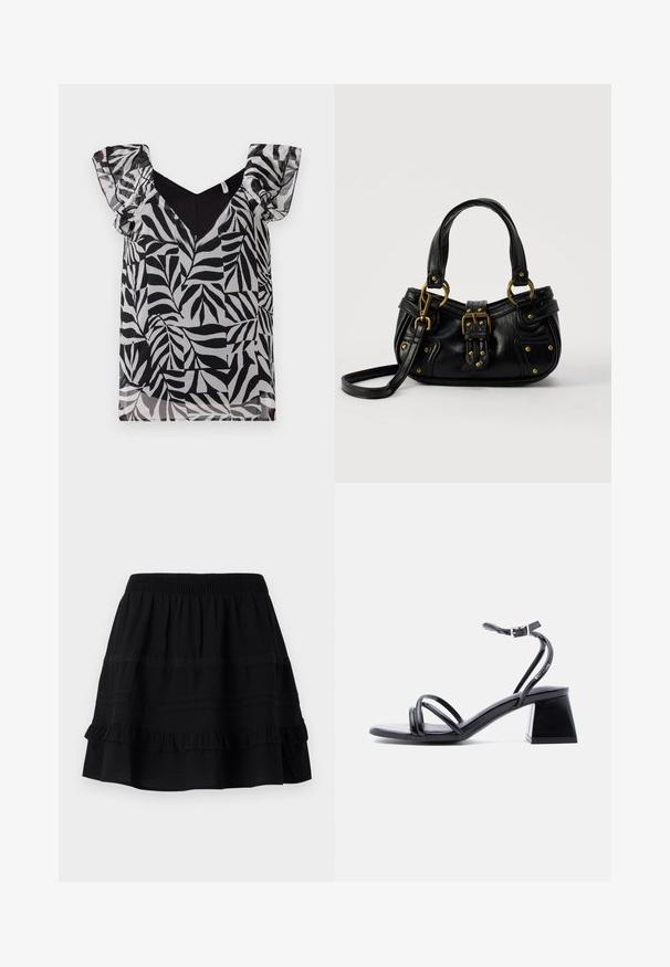 Blusa con patrón de hojas en blanco y negro, con mangas rizadas y transparentes y escote en V. Fabricada en un tejido ligero con una textura suave.; Falda de algodón negra con un diseño de volantes en capas, que presenta una cintura elástica y adornos de costuras en contraste y bandas de encaje.; Sandalia negra con tiras, abierta en la punta, con hebilla en el tobillo y tacón cuadrado, vista lateral sobre un fondo claro y liso.; Bolso de cuero negro con hebilla y detalles de remaches dorados, asas cortas y una correa de hombro ajustable sobre un fondo blanco liso.