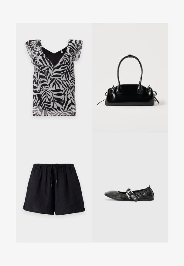 Blouse à motif de feuilles noir et blanc avec des manches volantées transparentes et un décolleté en V. Fabriquée en tissu léger avec une texture lisse.; Shorts en coton noir avec une finition texturée et froissée. Présentent une taille élastique et un cordon de serrage ajustable pour le confort et l'ajustement.; Chaussure plate en cuir noir avec un nez pointu, des détails froncés autour de l'ouverture et un accent en boucle argentée sur la bride ajustable.; Petit sac à main noir brillant avec deux longues anses et des détails à cordon sur les côtés sur un fond clair uni.