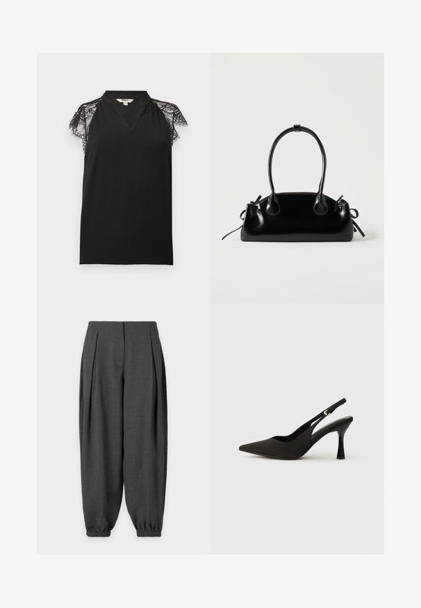 Blouse noire sans manches avec des manches courtes en dentelle et un petit col en V, avec un col rond froncé.; Pantalon ample gris foncé avec plis à l'avant et poignets élastiques aux chevilles sur fond uni.; Chaussures à talons noires avec une bride, à bout pointu, finition mate lisse et talon fin brillant. Sangle ajustable avec petit détail de boucle.; Petit sac à main noir brillant avec deux longues anses et des détails à cordon sur les côtés sur un fond clair uni.