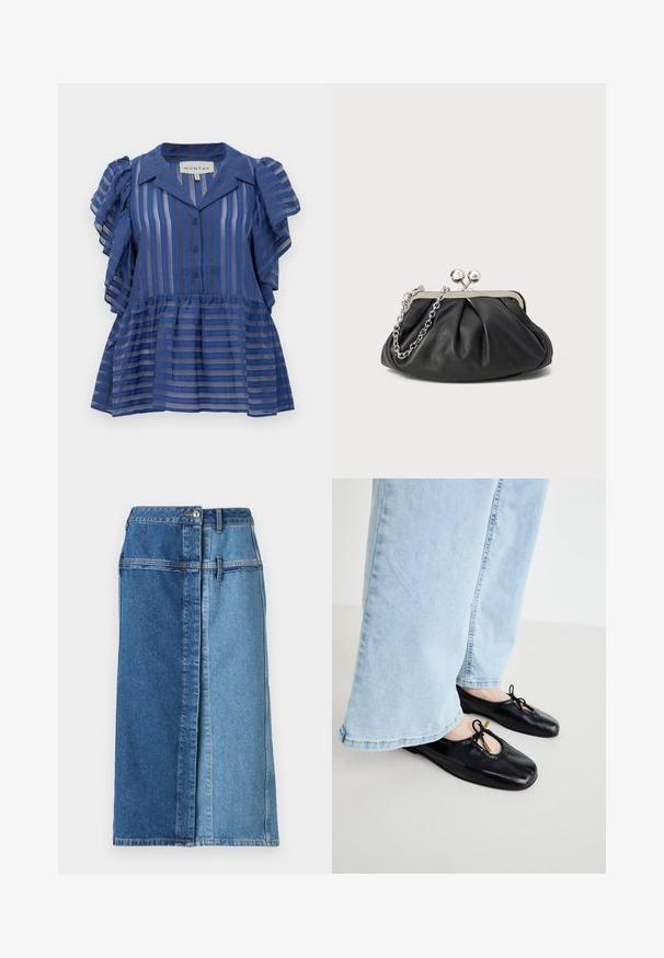 Blauwe blouse met korte mouwen, voorzien van verticale en horizontale strepen, knopen aan de voorkant, ruches aan de mouwen en een peplumzoom.; Jeansrok met een kleurblokontwerp, waarin donkerblauw aan de ene kant en lichtblauw aan de andere kant is. Voorzien van een knoopsluiting en zakken.; Zwarte leren ballerina's met een ronde neus, voorzien van een uitsnede en strikdetail, gedragen met lichtblauwe wijdgesneden jeans.; Zwarte leren clutch met geplooide textuur, zilverkleurig metalen frame, drukknopsluiting en kettingriem. Glad, zacht oppervlak.