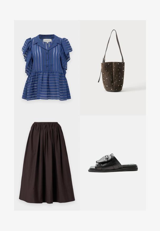 Blouse bleue à manches courtes avec des rayures verticales et horizontales, devant boutonné, manches volantées et ourlet peplum.; Jupe longue jusqu'à la cheville de couleur marron, fabriquée dans un tissu léger avec une taille élastique et un design froncé pour un effet volumineux.; Sandale slide en cuir noir avec semelle rembourrée et détail d'une pochette zippée à l'avant sur la bride.; Sac seau en daim marron avec des clous argentés et dorés en forme d’étoile, de cercle et de losange, doté d’une longue bandoulière réglable.