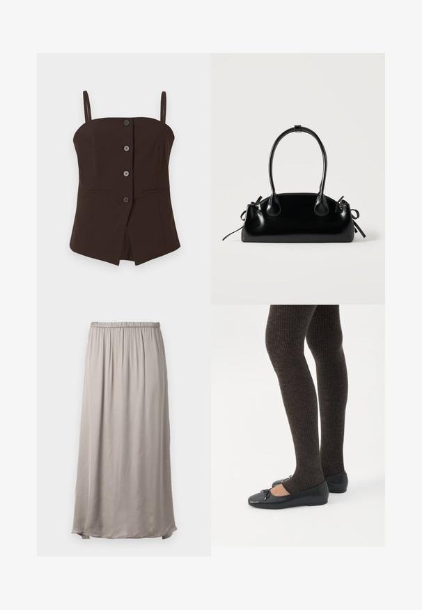 Top sans manches marron foncé avec des boutons, des fines bretelles et un ourlet légèrement évasé sur fond blanc.; Jupe longue, beige, fabriquée en tissu lisse et léger avec une taille élastique, présentant un design fluide et un éclat subtil.; Jambes portant des leggings côtelés foncés associés à des ballerines noires avec de petits détails en nœud sur fond blanc.; Petit sac à main noir brillant avec deux longues anses et des détails à cordon sur les côtés sur un fond clair uni.