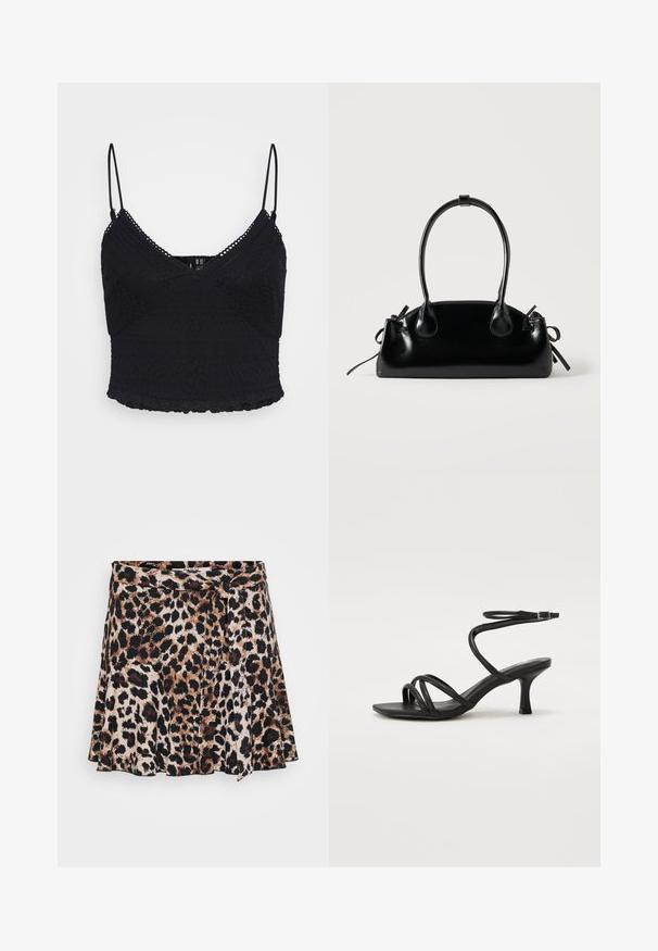 Top corto negro tipo cami con tirantes finos ajustables, con detalles de encaje texturizado y un dobladillo ondulado.; Falda envolvente de estampado de leopardo con diseño acampanado, que presenta tonos de marrón y negro sobre un fondo claro. Tela suave con textura lisa.; Even&Odd Wide Fit by Zalando Sandalias - black; Pequeño bolso negro brillante con dos asas largas y detalles de cordón lateral sobre un fondo claro liso.