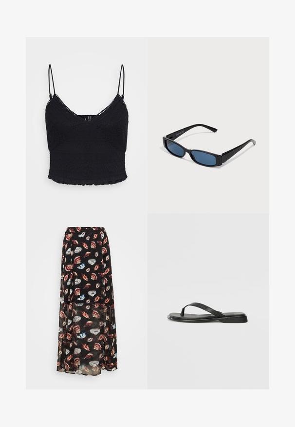 Sort crop-top med justerbare spaghetti-stropper, med tekstureret blonder og en bølget kant.; Maxi nederdel i sort gennemsigtig stof prydet med farverige skjellmønstre. Har en strækbar talje og lagdelt design for ekstra flow og bevægelse.; Sorte flip-flops lavet af glat læder, med et tyndt remdesign og en flad sål med et minimalt profil. Ingen bemærkelsesværdige mønstre eller accenter.; Sorte solbriller med en slank rektangulær ramme og blå linser. Har en glat overflade og robuste stænger. Mærkets logo på siden.