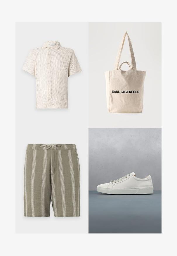 Camisa de botones de manga corta, color beige claro, hecha de un tejido texturizado y de punto abierto, con cuello y cinco botones en el frente.; Pantalones cortos verdes de tela texturizada, con rayas blancas verticales, una cinturilla ajustable con cordón y bolsillos laterales inclinados.; Zapatilla blanca de cuero con punta redondeada, diseño minimalista, cordones grises y suela de goma texturizada gris. Detalles de costura sutiles visibles.; Bolso tote de lona beige con asas largas y cortas, con el texto "KARL LAGERFELD" impreso en letras negras gruesas en el frente.