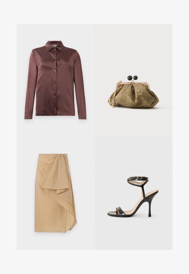 Langarm satijnen shirt in diep mauve met een puntige kraag en knopen aan de voorkant, plat gelegd op een witte achtergrond.; Beige wikkelrok van lichtgewicht stof met een asymmetrische draping, voorzien van een gegarneerde tailleband en een gladde textuur. Geen zichtbare sluitingen.; Zwarte laarzen van gepatenteerd leer met hoge hakken, dunne enkelband met gesp, open teen en slanke stilettohak op een witte achtergrond.; Kleine clutch tas met goud-zwart geometrisch patroon, goudkleurig metalen frame, zwarte bolsluiting en een korte gouden kettingband.