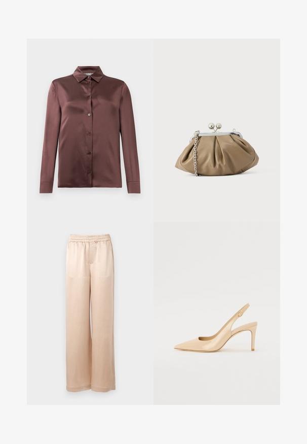 Chemise en satin à manches longues de couleur mauve profond, avec col pointu et boutons sur le devant, posée à plat sur un fond blanc.; Pantalons larges de couleur beige clair en tissu lisse avec une taille élastique et des coutures minimales, présentant une coupe droite et sans poches.; Escarpin slingback en cuir verni nude avec un bout pointu, un décolleté ouvert et un talon aiguille fin. Comprend un accent doré circulaire sur la sangle.; Pochette en cuir beige clair à la forme arrondie, texture plissée, fermeture à verrou argentée et bandoulière chaîne amovible.