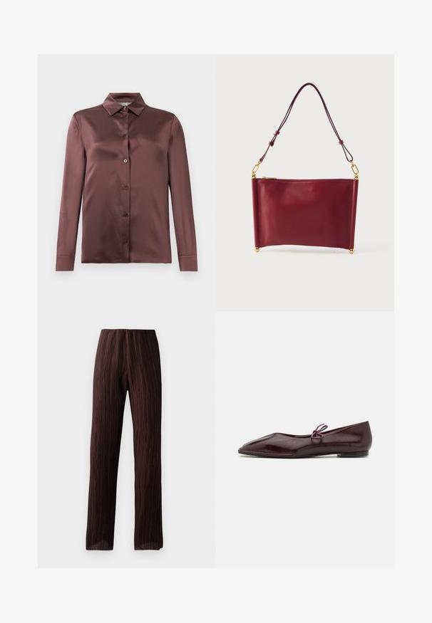 Chemise en satin à manches longues de couleur mauve profond, avec col pointu et boutons sur le devant, posée à plat sur un fond blanc.; Pantalons marron à large jambe avec une texture plissée, taille haute et design fluide. Fabriqués en tissu léger. Aucun fermoir visible.; Ballerines en cuir verni bordeaux avec un bout pointu et un nœud décoratif violet sur le cou-de-pied ; design à semelle plate.; Sac à main en cuir bordeaux de forme rectangulaire, avec des accents métalliques dorés, une fermeture éclair et une fine bandoulière. Texture lisse.