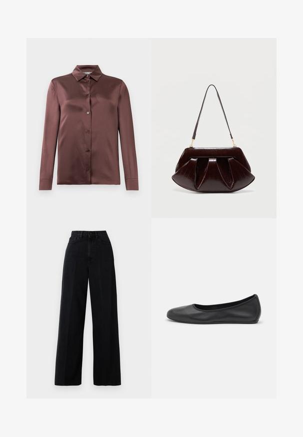 Langærmet satin skjorte i dyb mauve med spids krave og frontknapper, lagt fladt mod en hvid baggrund.; Sorte wide-leg jeans lavet af denim, med høj talje, forlommer og knaplukning. Stoffet har en glat tekstur.; Sort læderballetsko med rund tå, glat tekstur, minimal syning og et fleksibelt såldesign.; Mørkebrun læderhåndtaske med opsamlede plisseringer, guldfarvet hardware og en enkelt skulderrem mod en enkel lys baggrund.