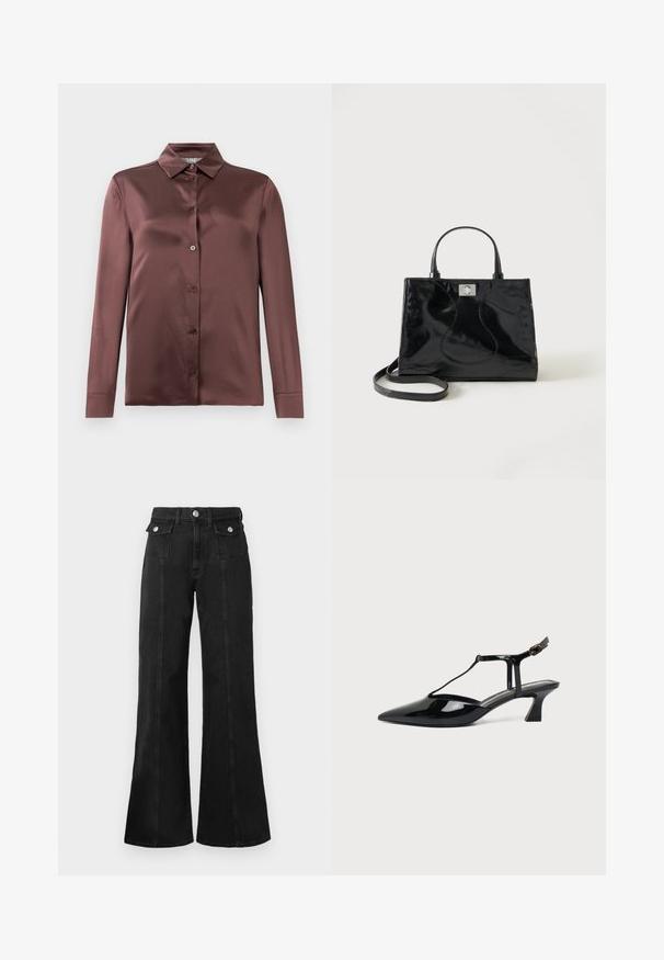 Langærmet satin skjorte i dyb mauve med spids krave og frontknapper, lagt fladt mod en hvid baggrund.; Sorte denim flared jeans med høj talje, der har to frontlommer, hardware i sølv-tone og synlige sømdetaljer foran.; Sort laklæder spids tå slingback sko med T-rem og lav skrå blokhæl på hvid baggrund.; Sort håndtaske i laklæder med afrundede håndtag, aftagelig skulderrem og sølvspænde på ensartet hvid baggrund.