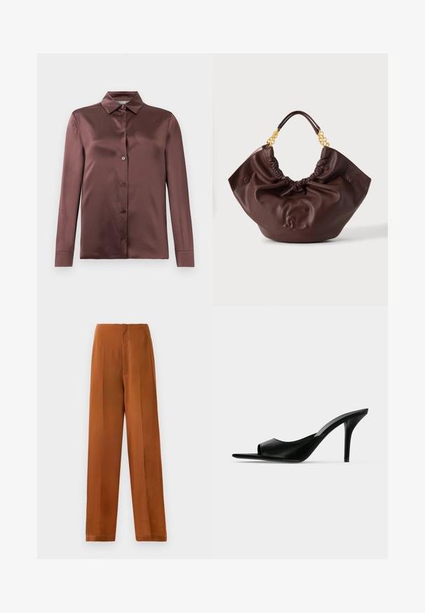 Langærmet satin skjorte i dyb mauve med spids krave og frontknapper, lagt fladt mod en hvid baggrund.; Viddebukser i en varm brun farve med en glat tekstur, høj talje og kontrasterende hvid syning langs sømmene.; Sort læder åben tå højhælet mule med en slank stilet hæl, vist i sideprofil på en ensfarvet baggrund.; Mørkebrun læder hobo taske med rynket top, guldkæde og læderhåndtag samt præget sammenflettet dobbelt C-logo midt på forsiden.