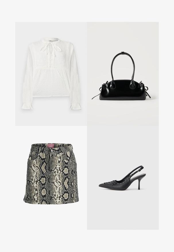 Blusa blanca de manga larga con tela texturizada, patrones florales bordados, tapeta con botones y detalle de lazo en el cuello.; Mini falda línea A con estampado de piel de serpiente sintética en negro, beige y blanco, con bolsillos delanteros y una cinturilla con botones.; Sandal de tacón stiletto negro de cuero con punta afilada, correa lateral con hebilla, tachuelas a lo largo del borde y cordones decorativos en la parte delantera.; Pequeño bolso negro brillante con dos asas largas y detalles de cordón lateral sobre un fondo claro liso.