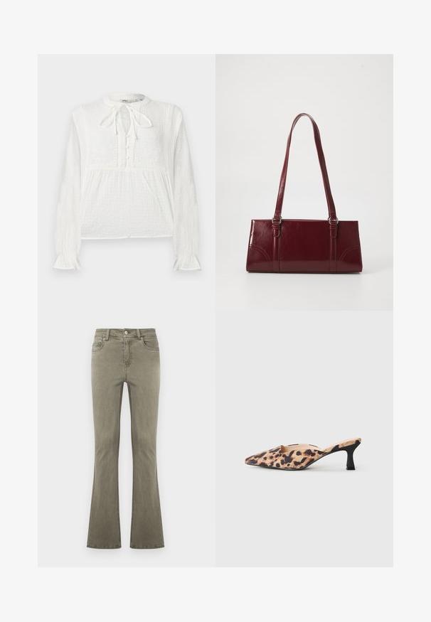 Weiße Bluse mit langen Ärmeln aus strukturiertem Stoff, bestickten Blumenmustern, Knopfleiste und Krawattenkragen.; Olivegrüne Jeans mit geradem Bein, vorderer Knopfverschluss, Gürtelschlaufen und Fünf-Taschen-Design, vor neutralem Hintergrund dargestellt.; Spitz zulaufender Muleschuh mit Leopardenmuster-Obermaterial und niedrigem schwarzen Kittenheel auf hellen Hintergrund.; Burgunderfarbene Handtasche aus glänzendem Material, rechteckige Form, mit zwei Schulterriemen und subtilen, geschwungenen Akzenten an der Vorderseite.