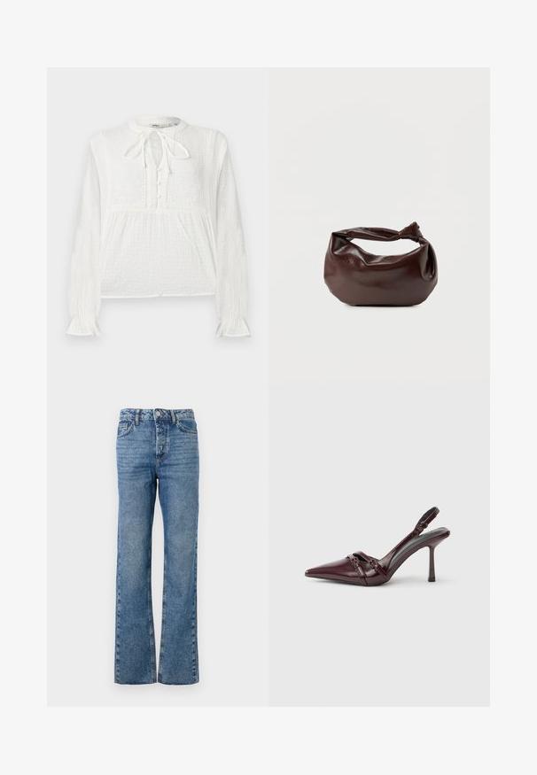 Hvid langærmet bluse med struktureret stof, broderede blomsterdekorationer, knaphulslukning og bindedetalje ved halsen.; Buks med vide ben i denim. Har fem lommer, knap- og lynlåslukning, med et slidtegnsmønster på benene og en lige pasform.; Bourgogne laklæder slingback-hæl med spids tå, tynd ankelrem og lille dekorativ spænde. Glat tekstur og høj hæl.; Mørkebrun læder skuldertaske med en blød, afslappet form og et snoet knudehåndtag på en ensartet hvid baggrund.