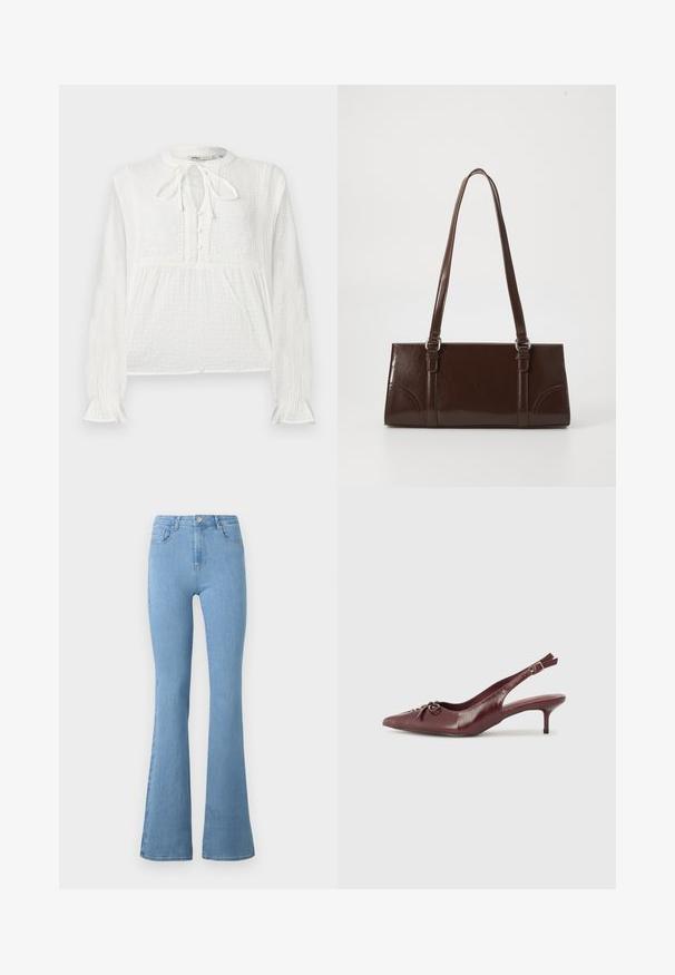 Hvid langærmet bluse med struktureret stof, broderede blomsterdekorationer, knaphulslukning og bindedetalje ved halsen.; Lyseblå flagrende jeans lavet af denim, med høj talje, fem lommer, en lynlås foran og en metallisk knaplukning.; Bordeaux læder slingback hæl med spidse tå, justerbar rem og dekorativ sløjfedetalje foran. 7,5 cm hælhøjde.; Brun lakeret håndtaske med rektangulær form, to lange håndtag og subtile buede detaljer på fronten.
