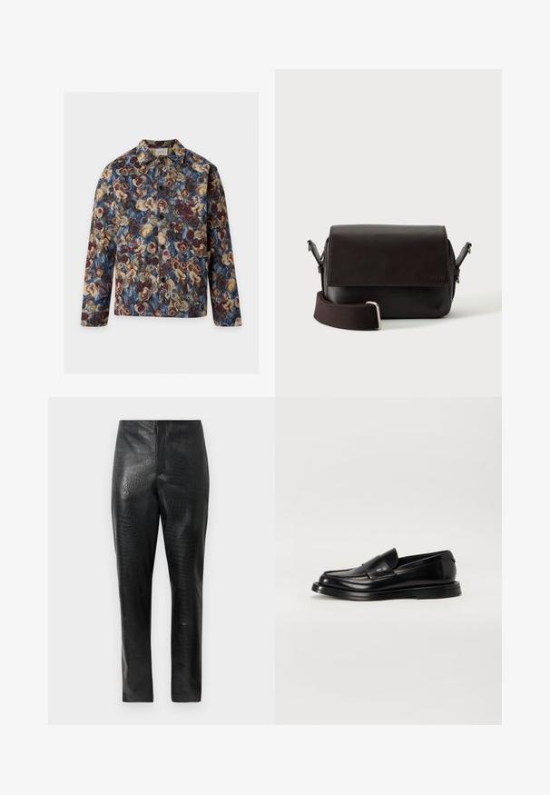 Veste à manches longues boutonnée avec un motif floral bleu, marron, beige et bordeaux et deux poches frontales.; Pantalons en cuir synthétique noir avec une texture crocodile subtile, coupe droite et taille haute, présentés sur un fond blanc uni.; The Antipode COLLEGE - Mocassins - black; Sac bandoulière en cuir marron foncé avec fermeture à rabat et sangle en tissu réglable sur fond blanc.