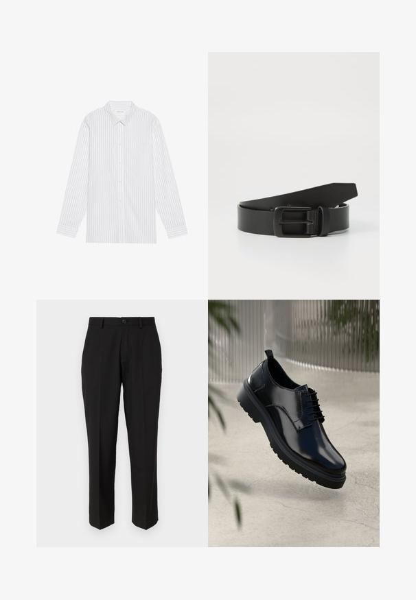 Camisa blanca de botones con finas rayas verticales negras, que presenta un cuello clásico y mangas largas con puños abotonados.; Pantalones negros de tela suave, con un diseño de pierna recta, bolsillos delanteros, un cierre de botón y sin patrones visibles.; Zapato de cuero negro con un acabado brillante, puntera redonda, diseño de cordones, costuras de contraste y una suela de goma gruesa con patrones de tracción.; Cinturón de cuero negro con hebilla metálica negra mate, que presenta una textura suave y un diseño sencillo. Longitud ajustable con un extremo cónico.