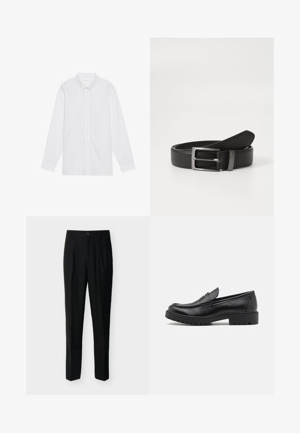 Chemise blanche à boutons avec de fines rayures verticales noires, dotée d'un col classique et de manches longues avec des poignets à boutons.; Pantalon noir taille haute, ajusté, avec passants de ceinture, plis à l'avant, poches latérales et fermeture boutonnée avec zip.; Mocassins en cuir noir avec un bout arrondi, un design à enfiler et une semelle en caoutchouc épaisse avec une texture antidérapante. Talon surélevé et détails de surpiqûre subtils.; Ceinture en cuir noir avec une boucle en métal argenté, présentant une finition lisse et un design classique. La ceinture est soigneusement pliée.