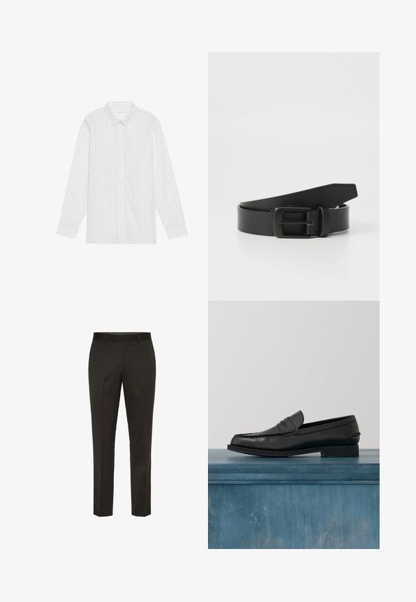 Witte knoopsluiting overhemd met dunne zwarte verticale strepen, voorzien van een klassieke kraag en lange mouwen met knoopmanchetten.; Op maat gemaakte donkergrijze broek met een zachte textuur, een platte voorkant en een standaard tailleband. Bevat riemlussen en subtiele stikdetails.; Zwarte leren loafers met een strak ontwerp, voorzien van een gestikte neus en een gladde afwerking. De schoen heeft een lage hak en minimale details.; Zwarte leren riem met een matte zwarte metalen gesp, met een gladde textuur en eenvoudig ontwerp. Verstelbare lengte met een taps toelopend uiteinde.