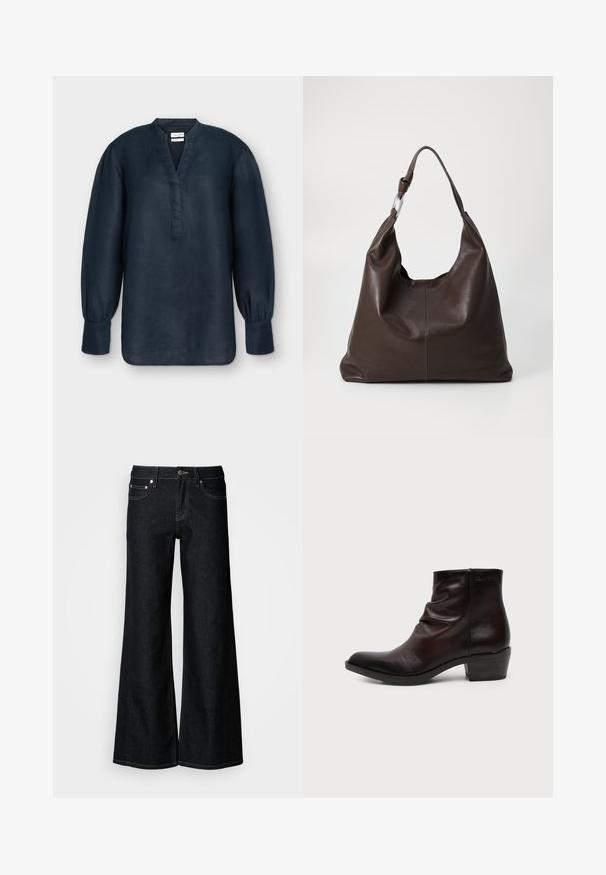 Blouse bleu marine à manches longues avec col mandarin, fente en V, poignets froncés et coupe ample, présentée sur un fond uni.; Jean en denim foncé à jambes larges avec une taille haute, un design à cinq poches et une couture contrastée jaune le long des coutures.; Bottine en cuir marron foncé avec talon bas empilé et dessus légèrement froissé, présentée de profil sur un fond uni.; Zign by Zalando LEATHER - Cabas - chocolate brown