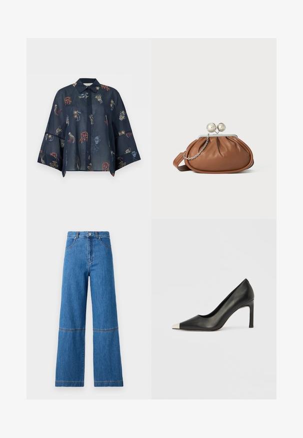 Mørkeblå gennemsigtig bluse med lange, vidde ærmer, knapper foran, krave og flerfarvede abstrakte broderede mønstre.; Bredde ben jeans i blå denim med høj talje, der har dobbelt stikning ved knæene og en tekstureret stofoverflade.; Sort læder højhælet sko med spids tå og metal-sølv hætte. Har en glat finish og en slank hæl på 10 cm.; Brun læder clutch-pung med sølv kugleklap og en lille sølv kædedetalje på en hvid baggrund.