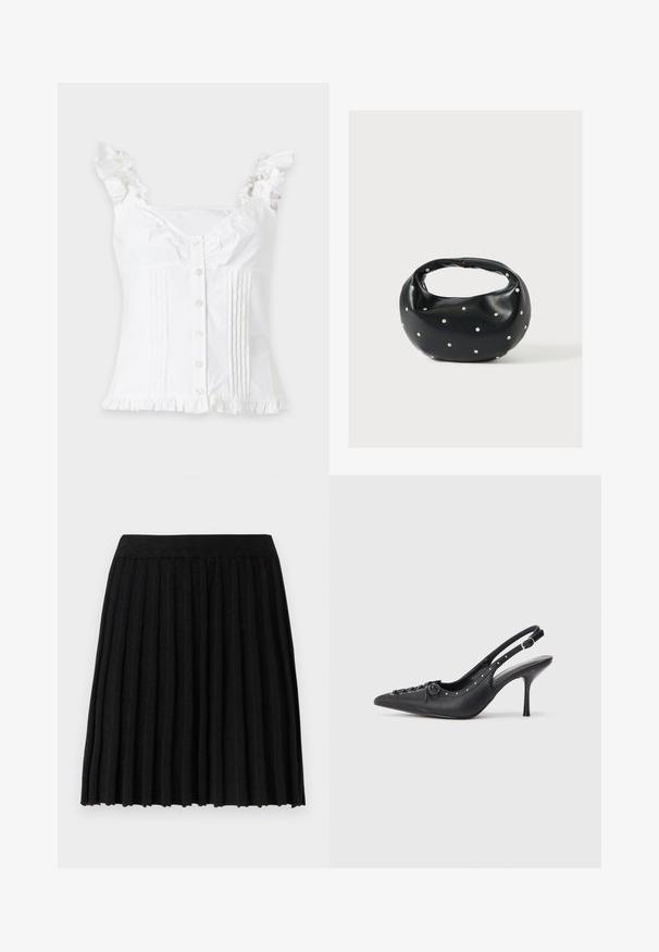 Witte mouwloze blouse met gerimpelde bandjes en zoom, knopen aan de voorkant en verticale gestikte plooien aan beide zijden.; Vero Moda Knitted VMMARINA Short - Minirok - black; Zwarte leren slingback stiletto met spitse neus, zijgesp met gesp, studs langs de rand en decoratieve veters aan de voorkant.; Zwarte leren handtas met een afgeronde vorm, versierd met zilveren studs, en een korte handgreep. Gladde textuur en ritsluiting.