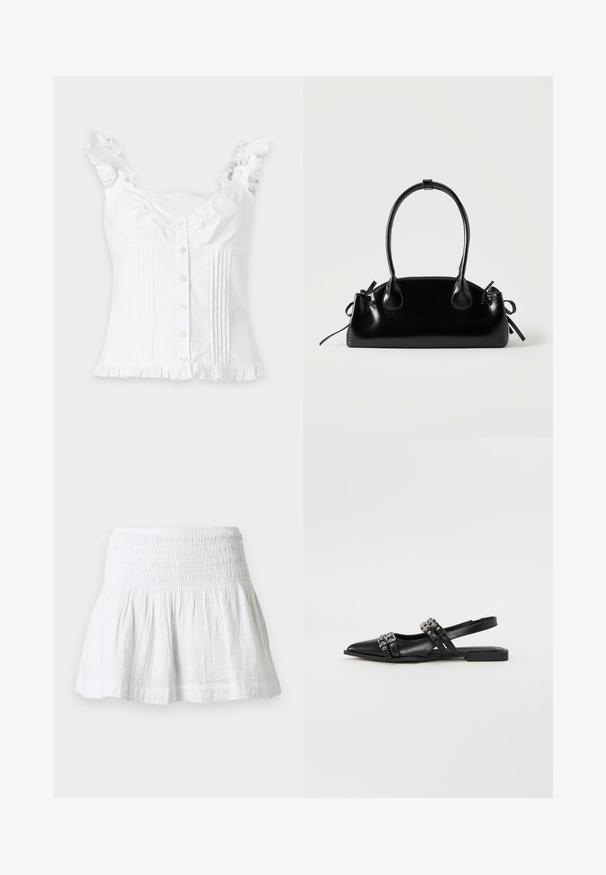 Blouse blanche sans manches avec bretelles et ourlet froncés, boutons à l'avant et plis verticaux cousus des deux côtés.; Mini-jupe en coton blanc avec taille élastiquée smockée et ourlet évasé froncé sur fond uni.; Even&Odd by Zalando Ballerines à brides arrière - black; Petit sac à main noir brillant avec deux longues anses et des détails à cordon sur les côtés sur un fond clair uni.