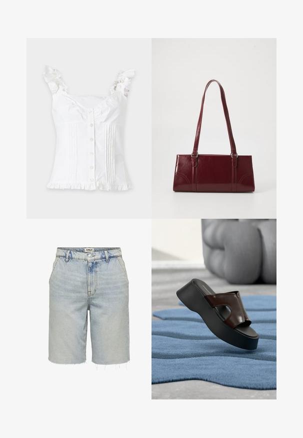 Blouse blanche sans manches avec bretelles et ourlet froncés, boutons à l'avant et plis verticaux cousus des deux côtés.; Shorts en denim délavé avec ourlet brut, présentant un design classique à cinq poches et une fermeture à bouton à l'avant.; Sandale plateforme noire avec dessus en cuir marron foncé et détail ajouré, posée sur un tapis bleu texturé, avec une chaise sculpturale en arrière-plan.; Sac à main bordeaux en matériau brillant, de forme rectangulaire, avec deux anses et des accents légèrement courbés à l'avant.