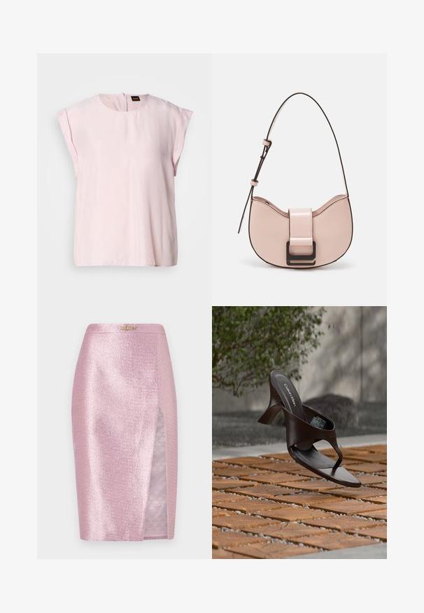 Top rosa de manga corta con escote redondo y un sutil brillo. Presenta un cierre de cremallera en la parte posterior y un ajuste relajado. Textura suave.; La falda rosa con brillo presenta una abertura lateral y un forro sutil con el monograma de Fendi. Textura suave, diseño ajustado y detalles en metálico.; Sandalia de tiras con tacón marrón de Calvin Klein suspendida sobre suelo exterior de loseta de madera y grava, con fondo desenfocado de vegetación y piedras.; Pequeño bolso de piel rosa curvado con un acabado brillante, que presenta una correa de acento negra y un gran cierre de broche negro. Diseño cruzado.