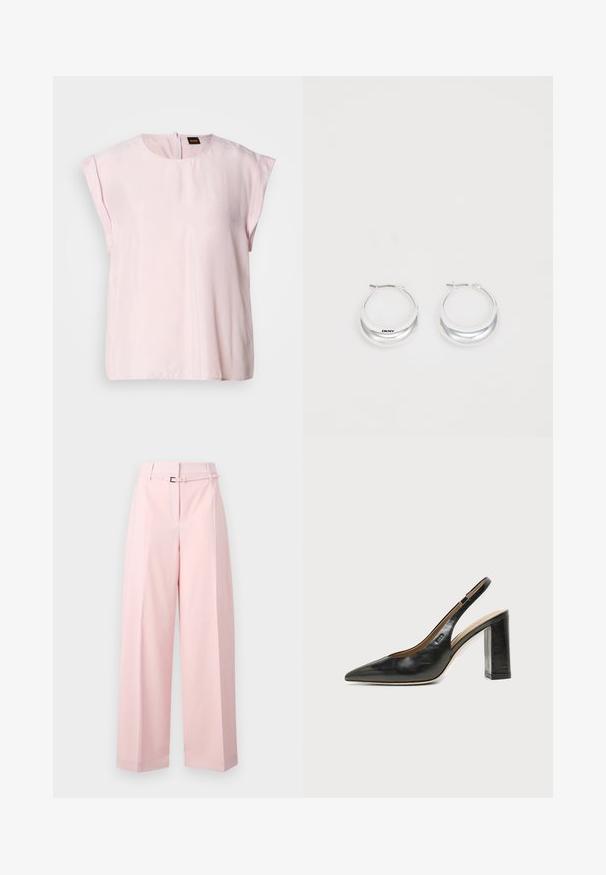 Roze, korte mouw top met een ronde hals en een subtiele glans. Heeft een ritssluiting aan de achterkant en een casual pasvorm. Zachte textuur.; Wijde broek in zachtroze, met een hoge taille, een riem met een zilveren gesp en subtiele plooien voor extra structuur.; Zwarte leren slingback schoen met spits toelopend neusje, hoge blokhak en beige binnenvoering tegen een effen lichte achtergrond.; Zilveren creolen met een gepolijste afwerking en DKNY-branding, weergegeven tegen een effen witte achtergrond.