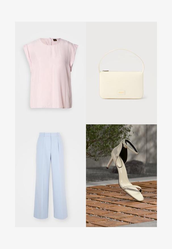 Haut rose à manches courtes avec un col rond et un léger éclat. Présente une fermeture zippée au dos et une coupe décontractée. Texture lisse.; Pantalons larges bleu clair avec une taille haute, dotés de plis à l'avant, fabriqués dans un tissu tissé lisse. Pas de matériel visible.; Sandale beige à talons hauts avec bride à la cheville posée sur des lattes en bois en extérieur, avec un arrière-plan flou de verdure et de béton.; Sac à main rectangulaire de couleur crème avec une seule sangle et une fermeture éclair sur le dessus, comportant une petite plaque de logo embossé à l'avant.