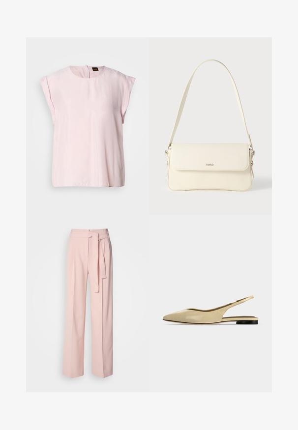 Top rosa de manga corta con escote redondo y un sutil brillo. Presenta un cierre de cremallera en la parte posterior y un ajuste relajado. Textura suave.; Pantalones de pierna ancha de color rosa claro, confeccionados en una tela suave, con cintura con cinturón y bolsillos laterales, diseñados para un ajuste relajado.; Zapato plano beige con puntera puntiaguda, diseño slingback, tacón bajo negro y acabado en cuero liso, mostrado de perfil sobre un fondo liso.; Bolso de hombro de cuero color crema con cierre de solapa, herrajes plateados, una sola correa ajustable y detalles sutiles con el logo.
