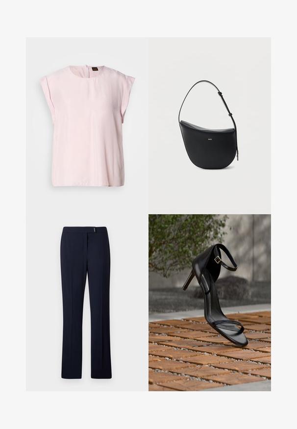 Roze, korte mouw top met een ronde hals en een subtiele glans. Heeft een ritssluiting aan de achterkant en een casual pasvorm. Zachte textuur.; Navyblauwe op maat gemaakte broeken van een gladde stof, met een platte voorkant, rechte pijpen en een subtiele zilveren accent bij de taille.; Zwarte hoge hak sandaal met enkelbandje zweeft boven een houten tegelvloer buiten, met een onscherpe groene en stenen achtergrond.; Zwarte halfmaansvormige leren schoudertas met verstelbare riem en goudkleurig "BOSS"-logo middenvoor.