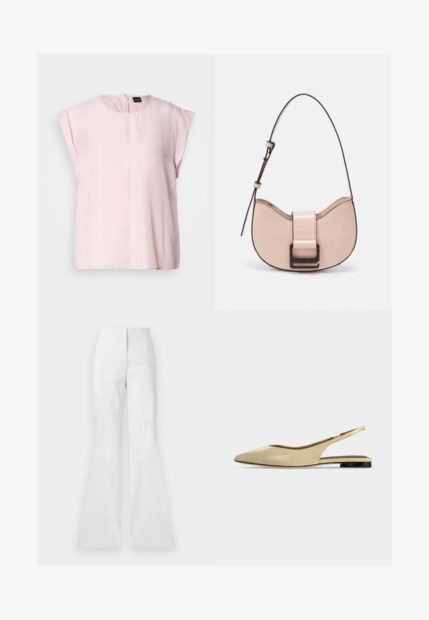 Top rosa de manga corta con escote redondo y un sutil brillo. Presenta un cierre de cremallera en la parte posterior y un ajuste relajado. Textura suave.; Pantalones acampanados blancos hechos de tejido ligero, con una textura suave, detalle de costura frontal y una cinturilla ajustada.; Zapato plano beige con puntera puntiaguda, diseño slingback, tacón bajo negro y acabado en cuero liso, mostrado de perfil sobre un fondo liso.; Pequeño bolso de piel rosa curvado con un acabado brillante, que presenta una correa de acento negra y un gran cierre de broche negro. Diseño cruzado.