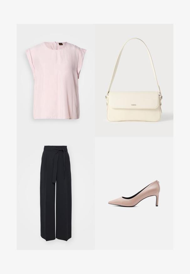 Haut rose à manches courtes avec un col rond et un léger éclat. Présente une fermeture zippée au dos et une coupe décontractée. Texture lisse.; Pantalons noirs à jambes larges en tissu doux. Dotés d'une taille ceinturée et de plis avant. Texture lisse avec un design épuré et contemporain.; Chaussure à talon haut beige à bout pointu avec un talon aiguille mince sur un fond blanc uni.; Sac à bandoulière en cuir couleur crème avec fermeture à rabat, quincaillerie argentée, une bandoulière réglable et un logo discret.