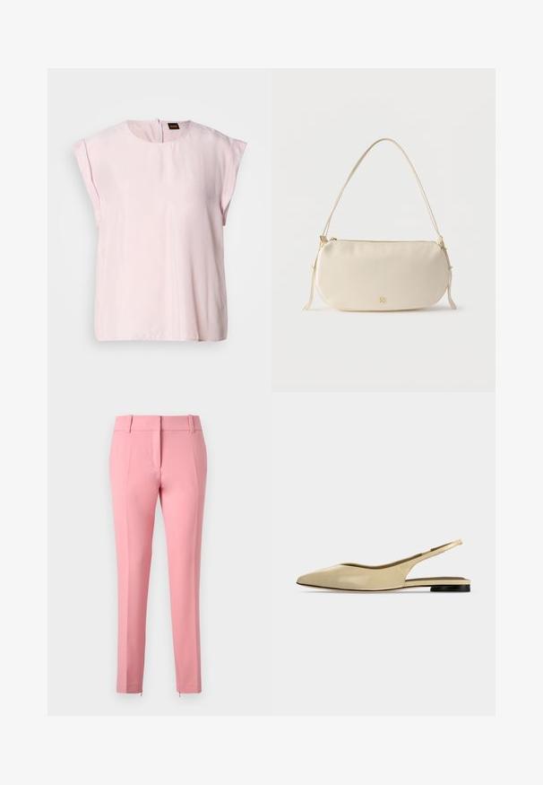 Roze, korte mouw top met een ronde hals en een subtiele glans. Heeft een ritssluiting aan de achterkant en een casual pasvorm. Zachte textuur.; Rosa op maat gemaakte broeken met een gladde textuur, rechte benen en een ritsdetail aan de zoom. Voorzien van riemlussen en een platte voorkant.; Beige platte slingback schoen met puntige neus, lage zwarte hak en een glad leren afwerking, zijaanzicht op een effen achtergrond.; Crèmekleurige kleine schoudertas met een enkele schouderband, ritssluiting en subtiel gouden merklogo aan de voorkant.