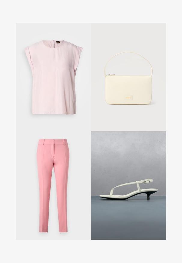 Top rosa de manga corta con escote redondo y un sutil brillo. Presenta un cierre de cremallera en la parte posterior y un ajuste relajado. Textura suave.; Pantalones rosa a medida con una textura suave, piernas rectas y un detalle de cremallera en el dobladillo. Presentan presillas para cinturón y un diseño frontales plano.; Sandalia blanca de tacón kitten con tiras y punta afilada, flotando sobre un suelo de baldosas de madera al aire libre, con un fondo desenfocado de plantas y pared.; Bolso rectangular color crema con una sola correa y cremallera superior, con una pequeña placa de logotipo en relieve en el frente.