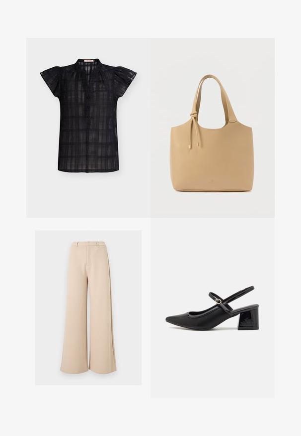 Blusa negra de manga corta con patrón de cuadros texturizado, cuello con solapa y botones en la parte delantera; tejido ligero y parcialmente transparente.; Pantalones beige de tiro alto y pierna ancha con trabillas para el cinturón y cierre frontal oculto sobre fondo blanco.; Tacones slingback de charol negro con punta afilada, un diseño de corte redondeado y tacón bloque. Incluye un detalle de hebilla en tono dorado.; Bolsa tote beige hecha de cuero suave, con dos asas resistentes y detalles en hardware dorado, con un detalle ajustable de cordón.