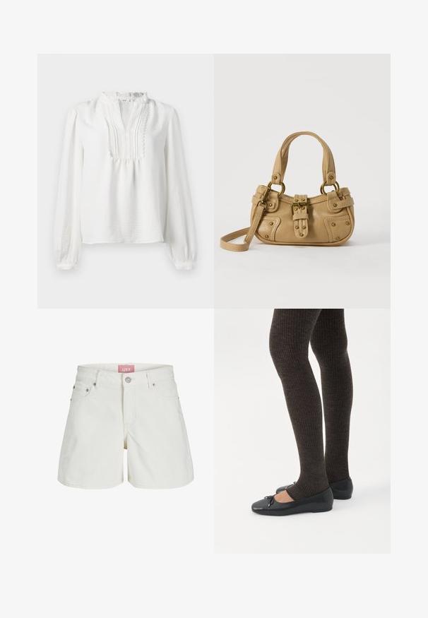 Blusa blanca de manga larga con escote con volantes, detalle plisado en la parte delantera y puños elásticos. Tejido suave con un acabado ligeramente texturizado.; Shorts de mezclilla blancos con cintura de tiro medio, cinco bolsillos y una etiqueta de logo rosa en la cinturilla. Presentan un cierre clásico de botón y cremallera.; Piernas con leggings oscuros acanalados combinados con bailarinas negras que presentan pequeños detalles de lazo sobre un fondo blanco.; Bolso de cuero beige con doble asa, hebilla y remaches de latón, y una correa de hombro ajustable sobre un fondo blanco.
