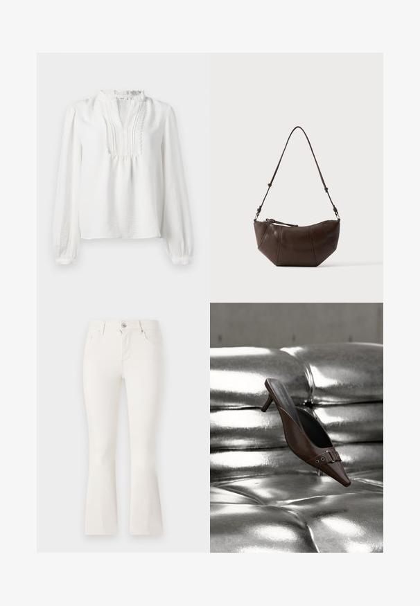 Hvid langærmet bluse med en flæse ved halsudskæringen, plisseret frontdetalje og elastiske manchetter. Blødt stof med en let struktureret finish.; Hvide flaired jeans lavet af denim med en tætsiddende talje, fem lommer og en lynlåslukning foran. Glat tekstur og et rent design.; Brun spids tå hæl mule med spænde detalje svævende over en skinnende sølv tuftet læderoverflade.; Brun læder skuldertaske med buet bund og justerbar rem mod en ensfarvet lys baggrund.