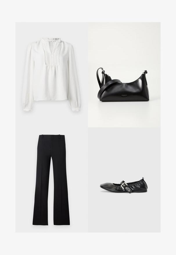 Blusa blanca de manga larga con escote con volantes, detalle plisado en la parte delantera y puños elásticos. Tejido suave con un acabado ligeramente texturizado.; Pantalones de campana negros con una textura suave, que presentan una cintura ajustada, lazos para cinturón y un diseño limpio que se extiende hasta un dobladillo amplio.; Zapato plano de piel negra con puntera afilada, detalle fruncido alrededor de la abertura y un acento de hebilla plateada en la correa ajustable.; Bolso de mano de cuero negro con una textura suave. Cuenta con una correa ajustable y un diseño elegante y minimalista con cierre de cremallera.