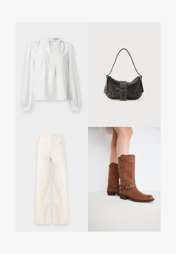 Blouse blanche à manches longues avec un col volanté, un détail plissé à l'avant et des poignets élastiqués. Tissu doux avec une finition légèrement texturée.; Pantalons à jambes larges en coton ivoire. Dotés d'une taille haute, de deux poches arrière avec des boutons en métal, et d'une texture lisse et propre.; Bottines en cuir marron avec un bout légèrement pointu, des boucles décoratives et un talon bas empilé. Texture lisse avec une finition mate.; Sac à épaule en cuir noir avec une sangle à boucle, des bords arrondis et des coutures blanches contrastées sur un fond uni.