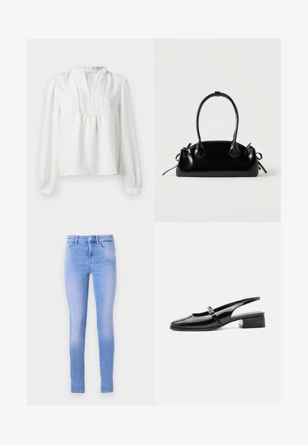 Witte blouse met lange mouwen, een gerimpelde halslijn, geplooid voorpaneel en elastische manchetten. Zachte stof met een licht gestructureerde afwerking.; Lichtblauwe skinny jeans met een vervaagde wassing, voorzien van een vijf-pocket ontwerp, een sluiting met knop aan de voorkant en een schone zoom.; Zwarte lakleren slingback schoen met een lage blokhak en een dunne band met zilveren gesp bovenop.; Kleine zwarte glanzende handtas met twee lange hengsels en zijkant trekkoord details op een effen lichte achtergrond.