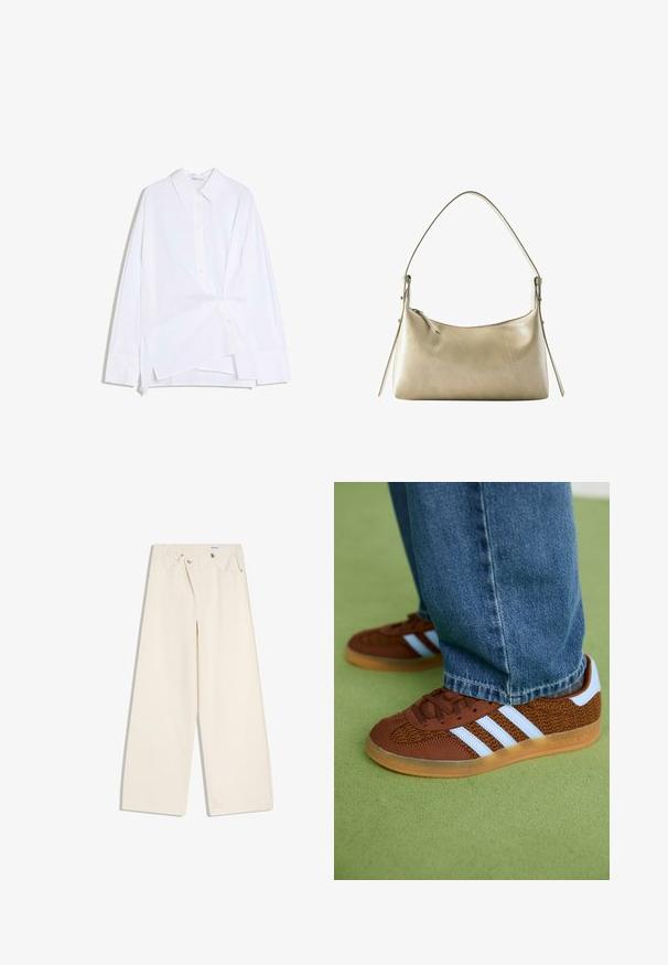 Weißes, langärmliges Hemd mit Knöpfen, asymmetrisch verdrehtem Vorderteil und klassischem Kragen, vor weißem Hintergrund dargestellt.; Off-White weite Hosen mit Vordertaschen, Gürtelschlaufen und silbernen Knöpfen an Bund und Taschenrändern.; Braune Adidas-Sneaker mit weißen Streifen und Gummisohlen, getragen mit blauen Jeans auf grünem Teppich.; Beige Leder-Schultertasche mit gebogenem oberen Reißverschluss, einem einzelnen Träger und genähten vertikalen Nahtdetails auf beiden Seiten.
