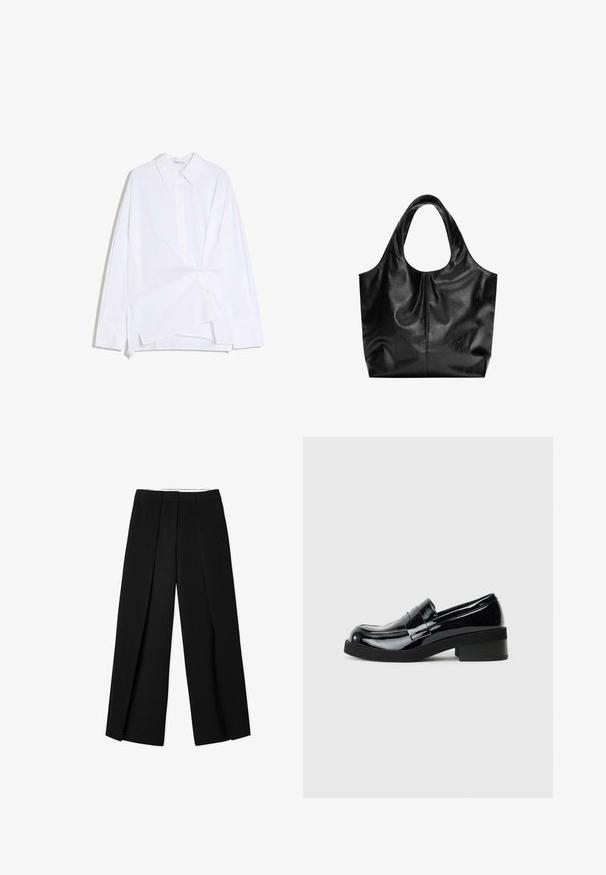 Chemise blanche à manches longues avec boutons, devant asymétrique torsadé et col classique, présentée sur un fond blanc.; Pantalons larges noirs avec un design plissé, fabriqués en tissu lisse. Présentent une taille structurée et des lignes épurées, taillées.; Mocassins en cuir verni noir avec un bout rond, un petit talon carré et une finition lisse et brillante. Présente une sangle décorative à l'avant.; Sac fourre-tout en cuir noir avec une texture lisse, un haut arrondi doux et de larges poignées. Présente une couture minimale et une silhouette décontractée.