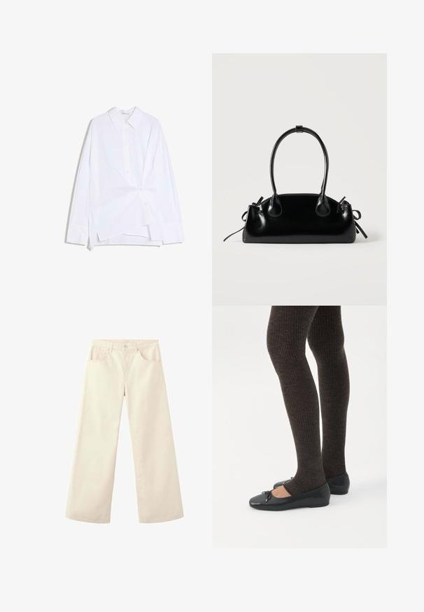Chemise blanche à manches longues avec boutons, devant asymétrique torsadé et col classique, présentée sur un fond blanc.; Pantalon crème à jambes larges et taille haute avec poches avant, passants pour ceinture et fermeture par bouton, présenté sur fond blanc.; Jambes portant des leggings côtelés foncés associés à des ballerines noires avec de petits détails en nœud sur fond blanc.; Petit sac à main noir brillant avec deux longues anses et des détails à cordon sur les côtés sur un fond clair uni.