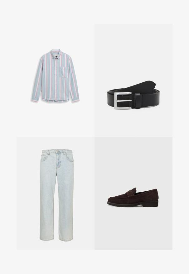 Chemise bleu clair à boutons avec des rayures verticales blanches et roses, une poche avant sur le côté gauche et un col boutonné.; Jean denim bleu clair droit avec poches avant, passants de ceinture et fermeture par bouton sur un fond uni.; Mocassins en daim marron avec une silhouette basse et un embout arrondi. Présentent une sangle décorative sur le dessus, une semelle en caoutchouc plate et sans couture visible.; Ceinture en cuir noir avec une texture lisse, boucle rectangulaire en argent et une boucle pour l'extrémité. Présente des coutures soignées le long des bords.