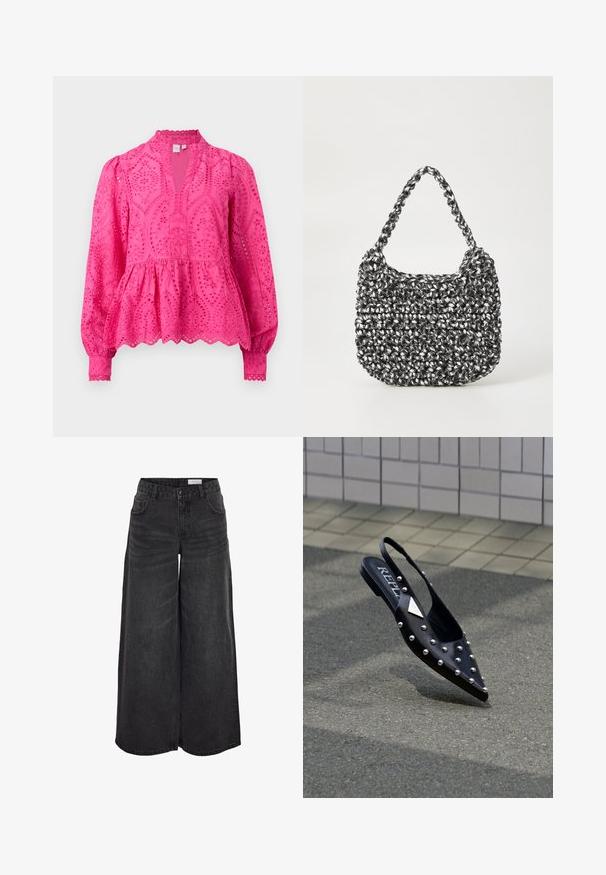 Lyserød langærmet bluse med hulmønsterbroderi, justerbare manchetter, V-hals og skørt med flæsekant.; Bredde ben sorte denimshorts med høj talje, forlommer og subtil tekstur; designet til en afslappet pasform.; Sort spids slingback-sko lavet af glat materiale, med sølvnitter, flad sål og logo på indersålen.; Vævet håndtaske i sort og hvid med en rund form, tekstureret overflade og et fletet håndtag. Velegnet til afslappet brug.