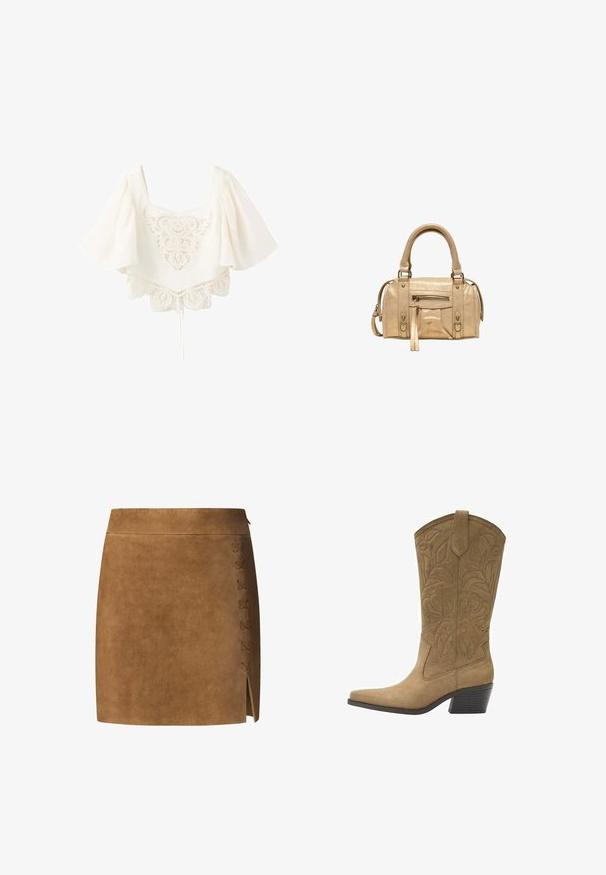 Crop top en dentelle blanche avec manches larges et fluides, encolure carrée et broderie florale complexe à l'avant et à l'ourlet.; Jupe mini en suède marron avec une coupe droite, dotée d'un détail lacé sur le côté gauche et d'une petite fente au bas.; Botte de cow-boy en daim tan avec broderie florale, bout pointu, languette de tirage et talon empilé de hauteur moyenne.; Stradivarius Sac à main - beige